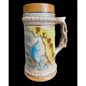 Vintage Embossed 3D Flamingo & Marlin Florida Beer Mug 7in H Made in Japan